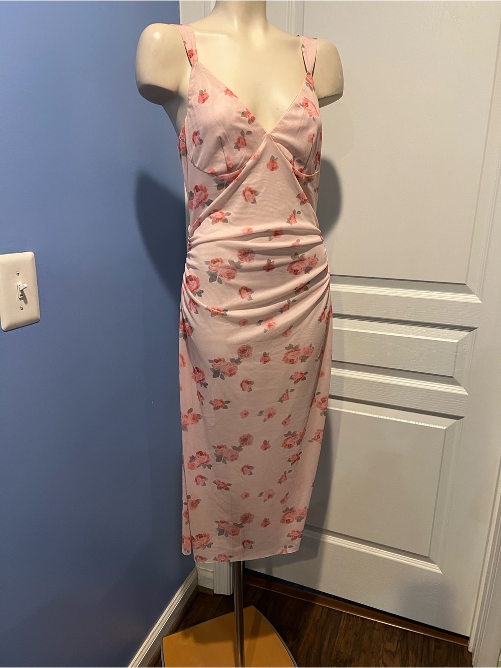 Mare Mare by Anthropologie Pink Floral Midi Slip Dress with side rouching size M